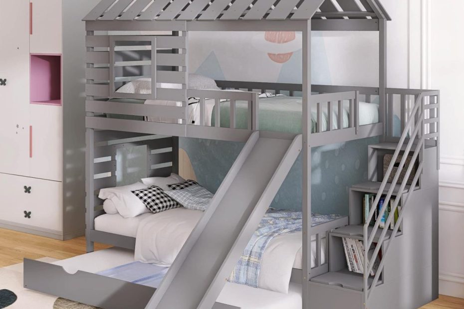Amazon.Com: House Bunk Bed With Slide And Trundle, Twin Over Twin Bunk Bed  With Storage Staircase, Roof And Window, Wood Bunk Bed Frame For Kids,Teens,Girls,  Boys, No Box Spring Needed, Gray :