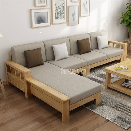 Natural Rubber Wood Color L Shape Wooden Corner Sofa Set, For Home, Living  Room