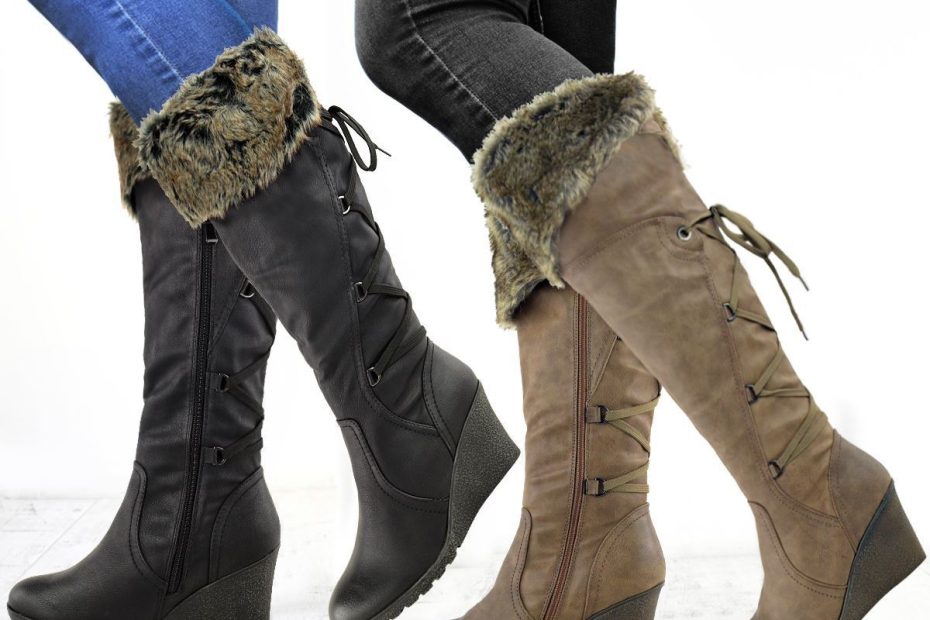 Womens Wedge Knee High Boots Low Mid Heel Winter Warm Fur Trim Zip Up Size  | Ebay
